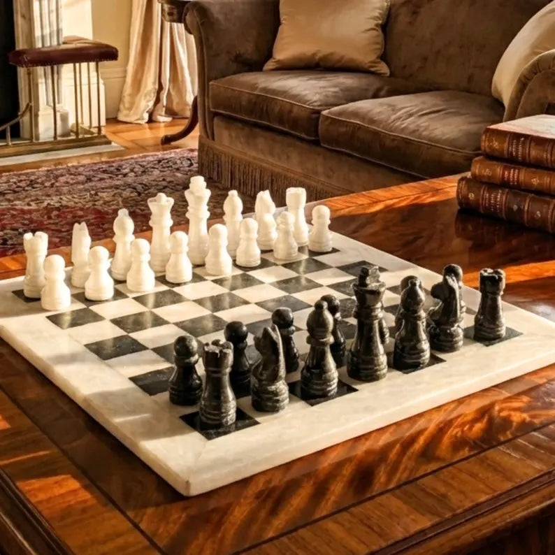 Handmade Marble Chess Set | 12x12 Black & White board and  pieces