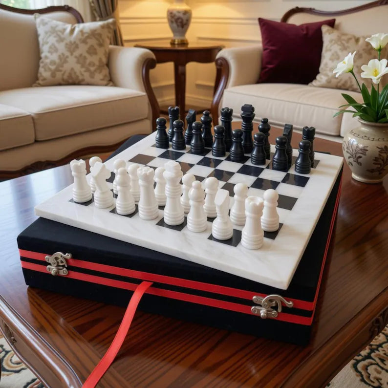 Handmade Marble Chess Set | 12x12 Black & White board and  pieces
