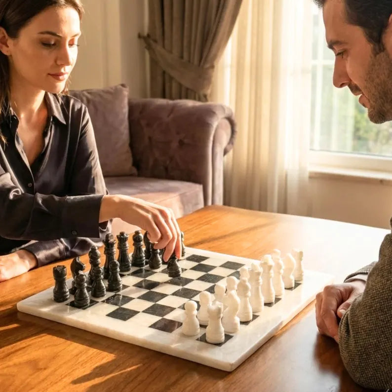 Handmade Marble Chess Set | 12x12 Black & White board and  pieces