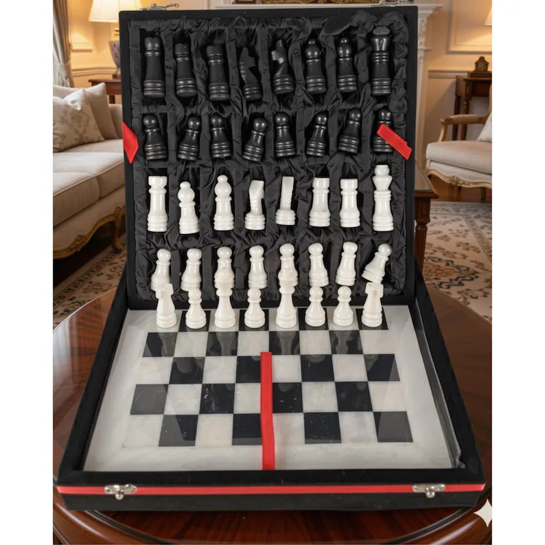Handmade Marble Chess Set | 12x12 Black & White board and  pieces