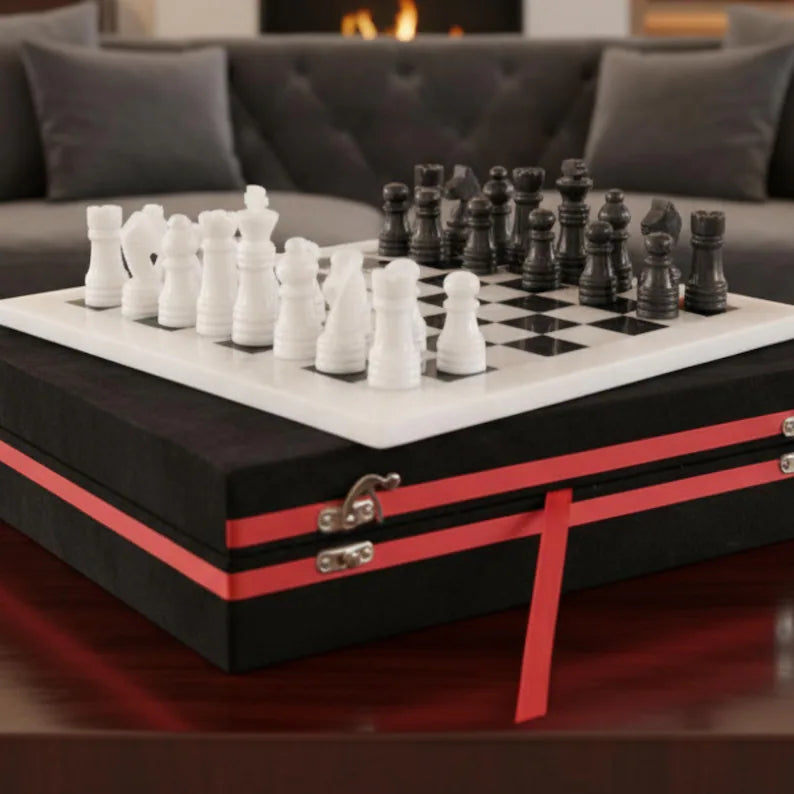 Handmade Marble Chess Set | 12x12 Black & White board and  pieces