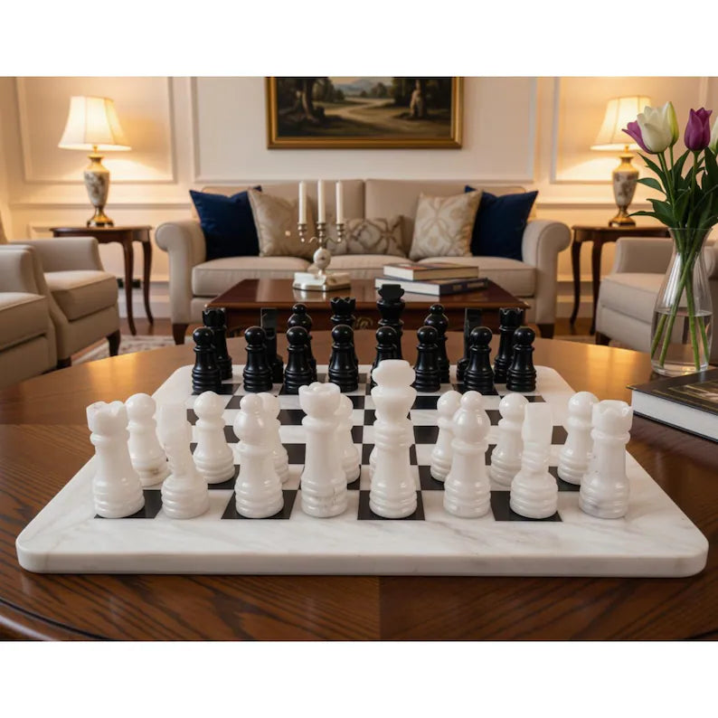 Handmade Marble Chess Set | 12x12 Black & White board and  pieces