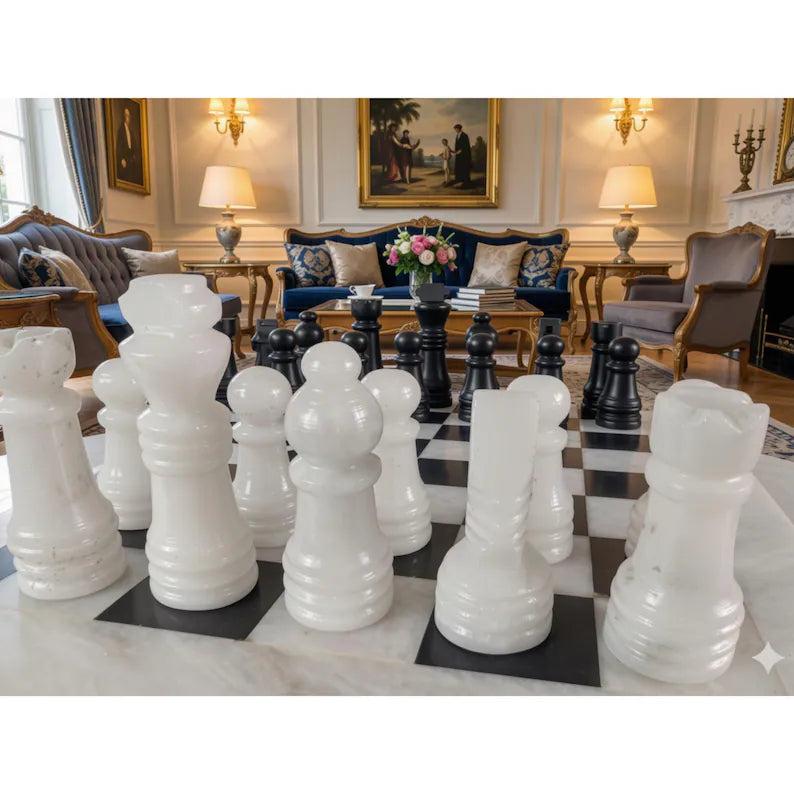 Handmade Marble Chess Set | 12x12 Black & White board and  pieces
