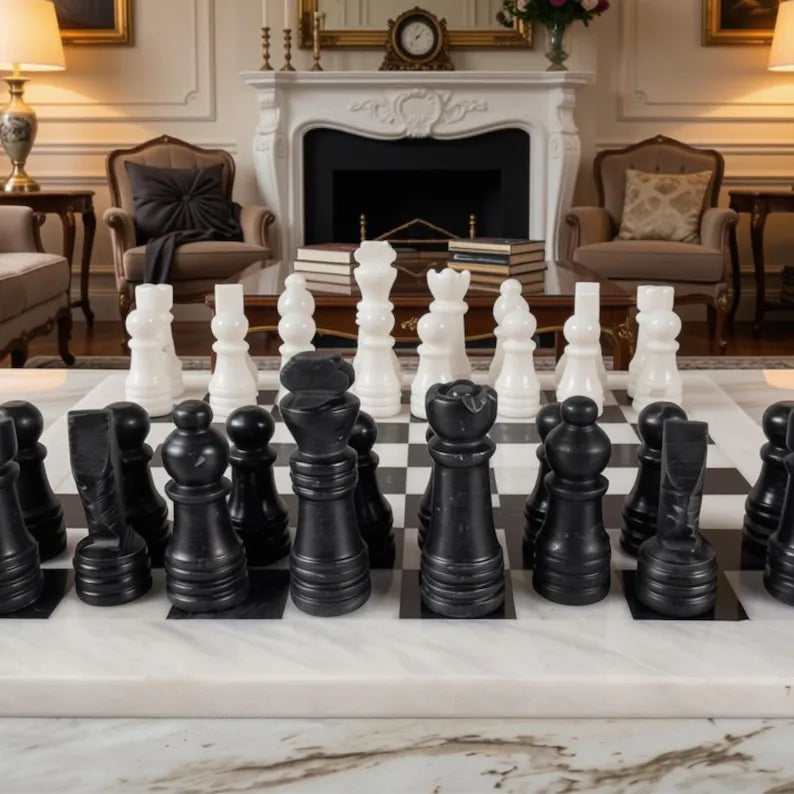Handmade Marble Chess Set | 12x12 Black & White board and  pieces