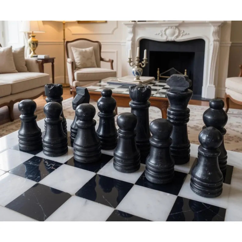 Handmade Marble Chess Set | 12x12 Black & White board and  pieces