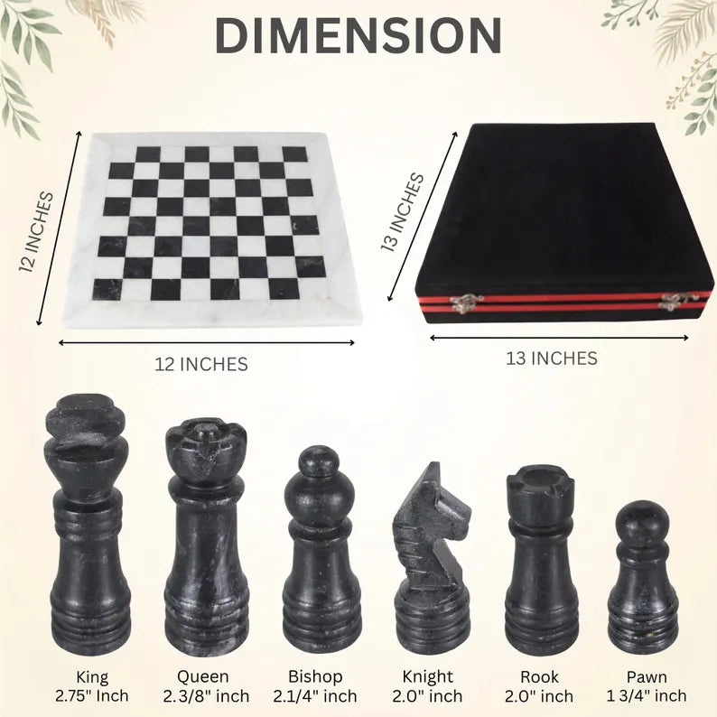 Handmade Marble Chess Set | 12x12 Black & White board and  pieces